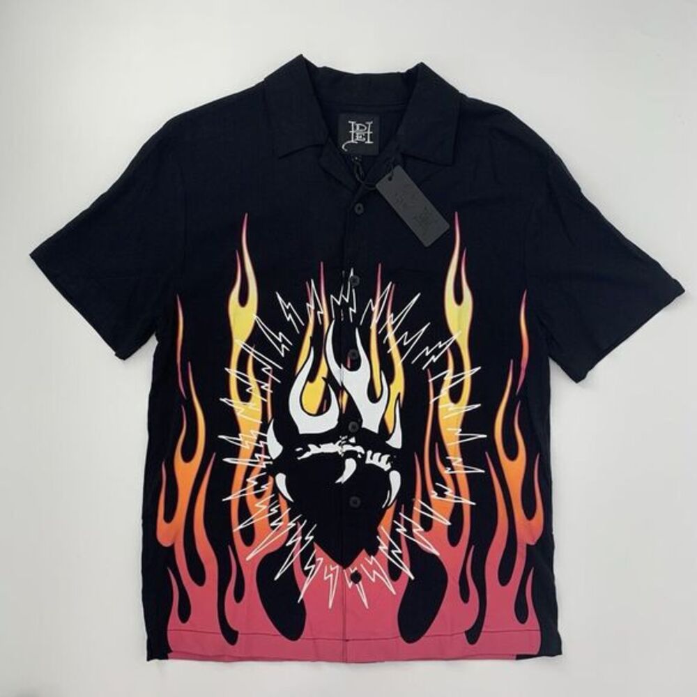 Ed Hardy‎ NWT Tattoo Black Fire Heart Short Sleeve Button Up Men's Shirt Size XL